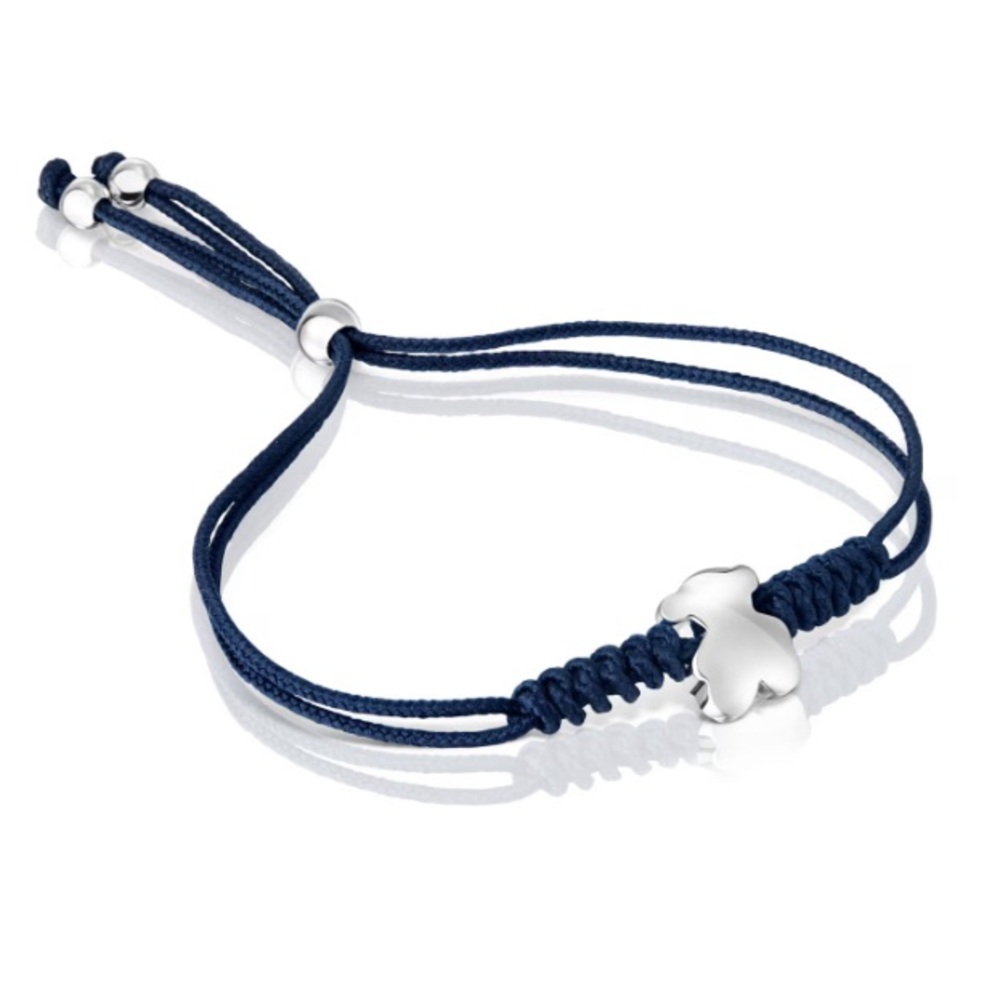 TOUS Bold Sterling Silver Bear Motif Bracelet in Navy Blue Nylon Cord